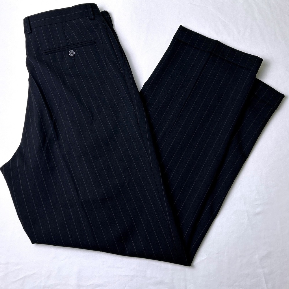 Chaps Mens 100% Wool Pleated Pinstripe Dress Pants Size 34x32 Navy Blue Office